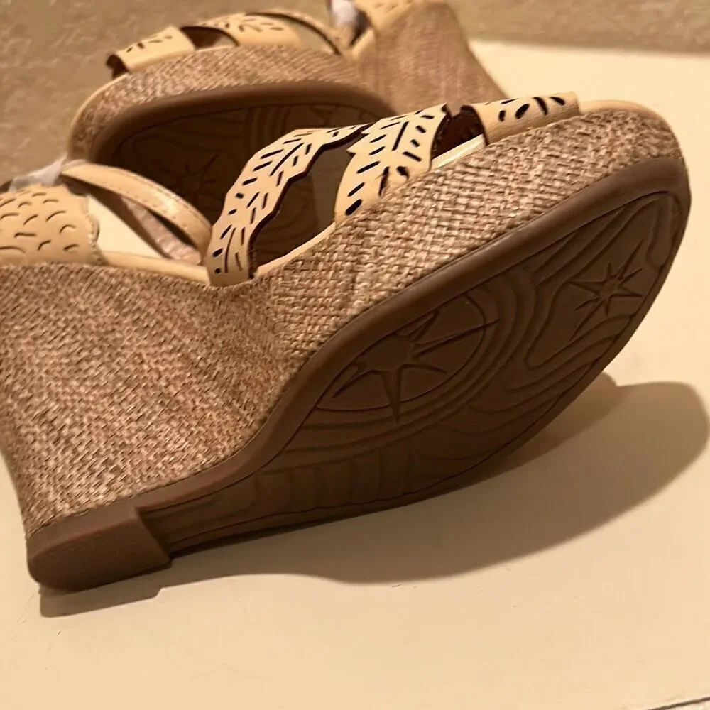 Top Moda Women's 10 Laser Cut Strappy Wedge Heel Beige Tan Neutral Coastal Beach